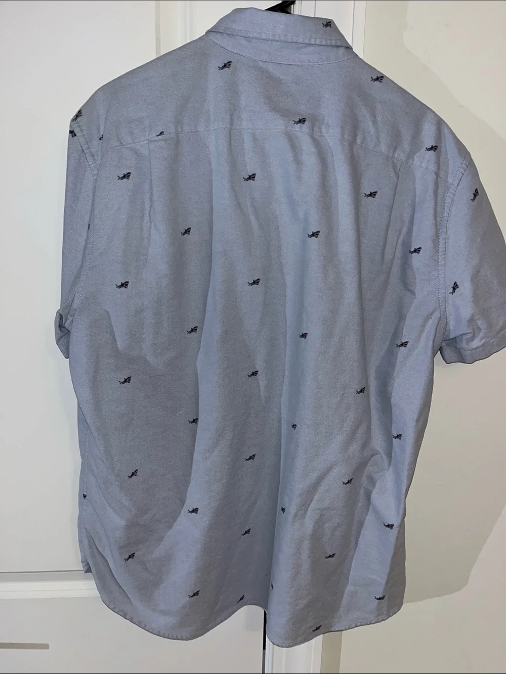 J. Crew Flex Chambray Blue Great White Shark Sharknato Print SS Shirt L